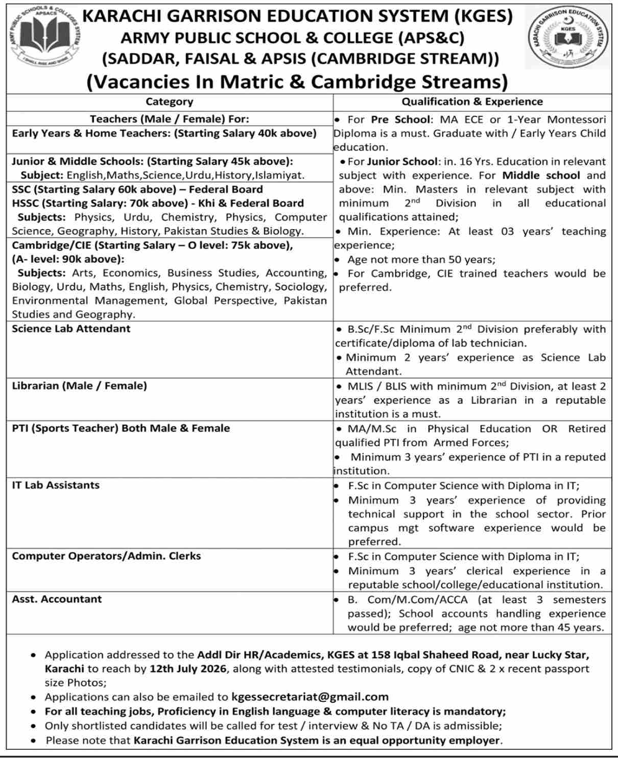 Karachi Garrison Education  System Education Department Jobs 2026 2026 — Official Newspaper Advertisement | SkillzDunya