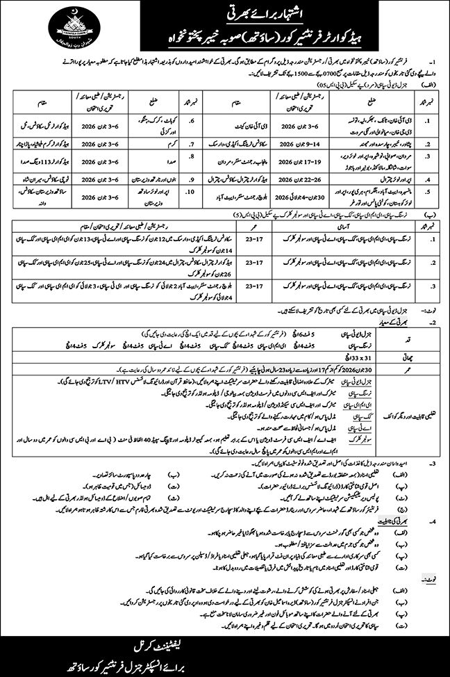 Frontier Corps (FC) Jobs 2026 — General Duty Sipahi, Cook, Clerk 2026 — Official Newspaper Advertisement | SkillzDunya