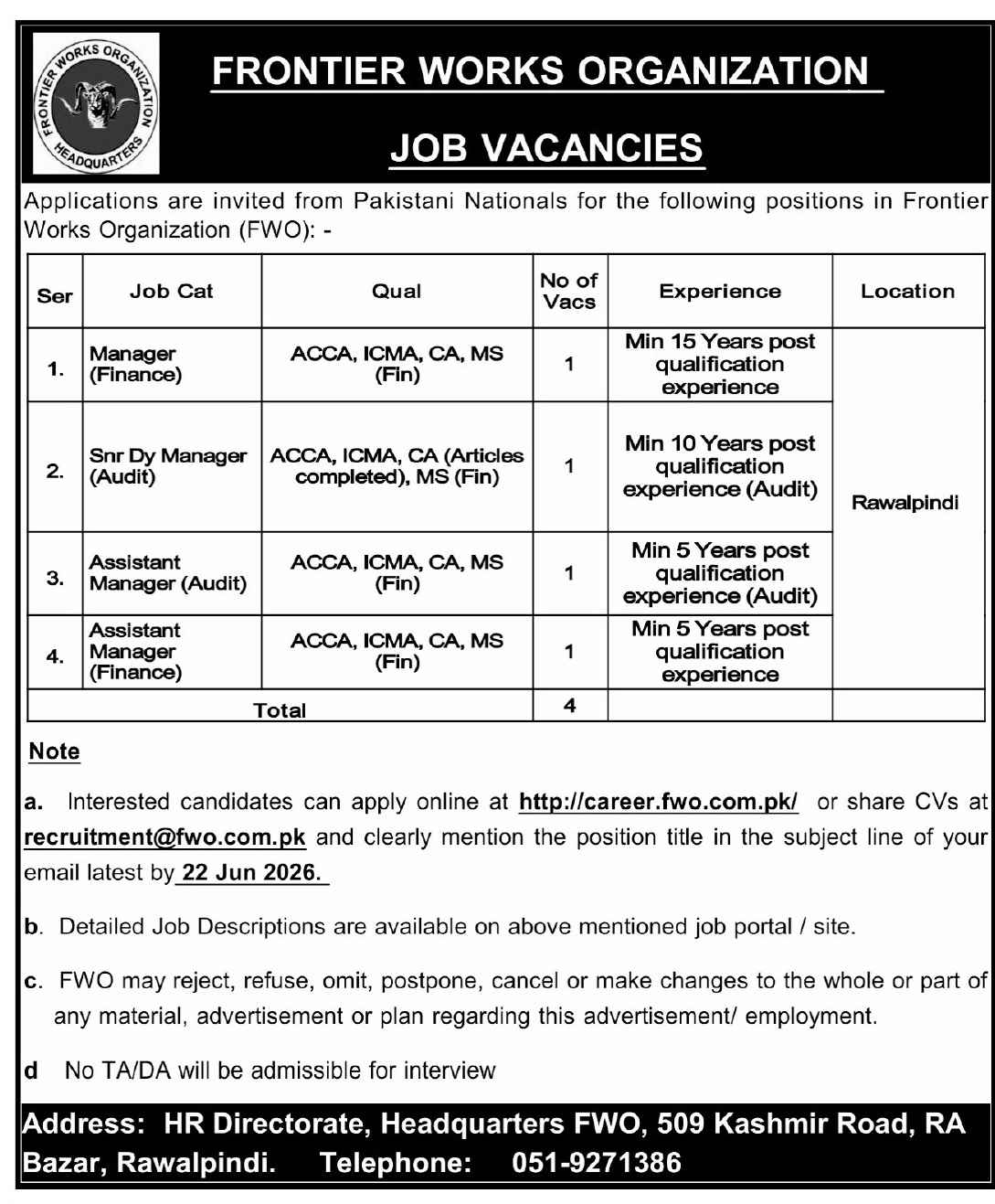 Frontier Works Organization (FWO) Jobs 2026 2026 — Official Newspaper Advertisement | SkillzDunya