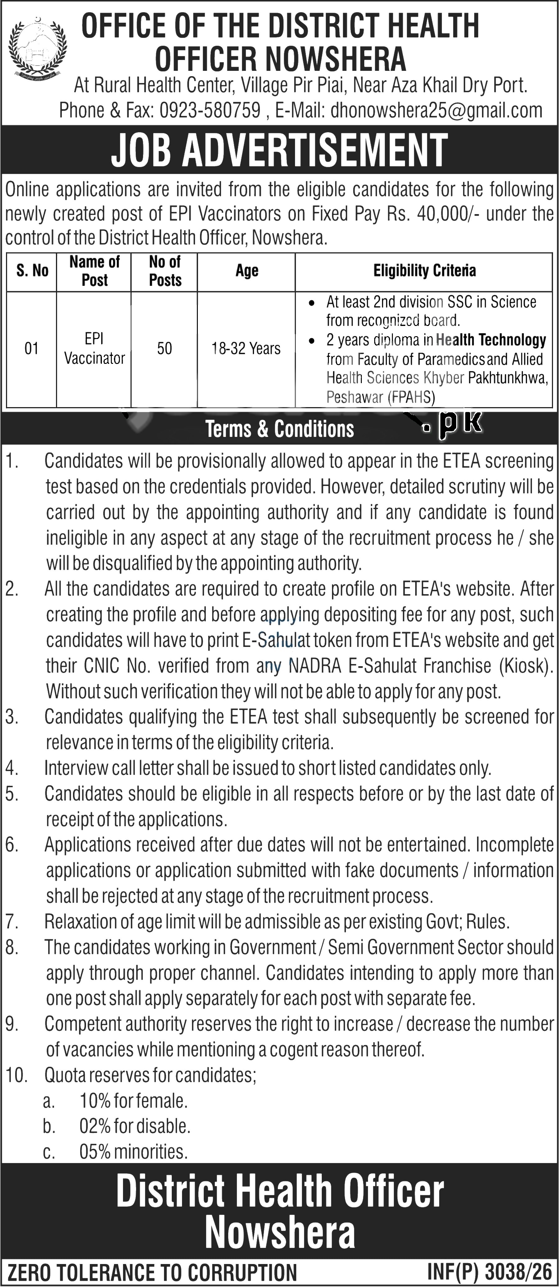 District Health Officer Nowshera Jobs 2026 EPI Vaccinator Latest Vacancies 2026 — Official Newspaper Advertisement | SkillzDunya