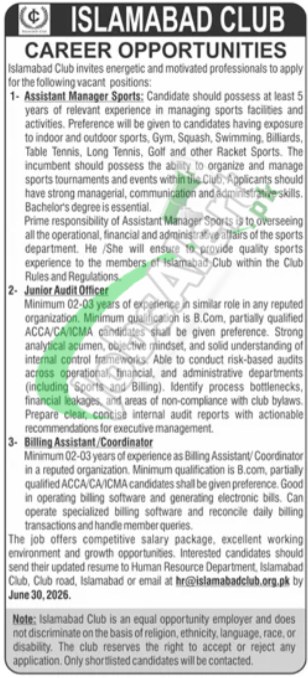 Official Department — Islamabad Club Jobs 2026 - Latest Career Opportunities Pakistan 2026
