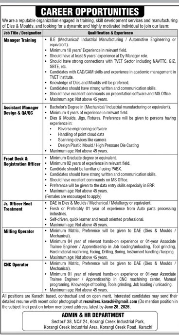 Official Department — Karachi Based Organization Jobs 2026 — Manager Training, Assistant Manager Design & QA/QC, Front Desk & Registration Officer Pakistan 2026