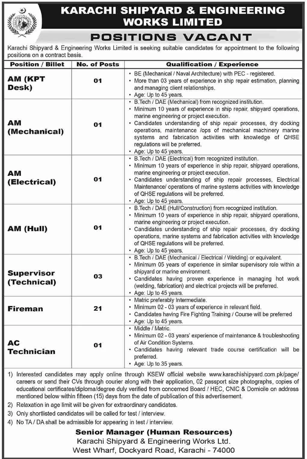 Karachi Shipyard and Engineering Works Jobs 2026 Apply Online Fireman & Others KSEW Latest 2026 — Official Newspaper Advertisement | SkillzDunya