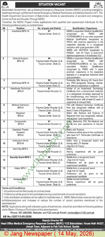 Official Department — Medical Emergency Response Centers Quetta Jobs 2026 Pakistan 2026