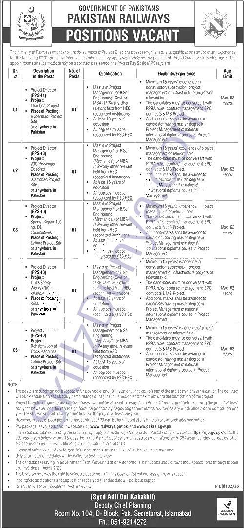 Ministry Of Railways Pakistan — Ministry of Railways Islamabad Jobs 2026 — Project Director (PPS-10), Project Director (PPS-11) Pakistan 2026