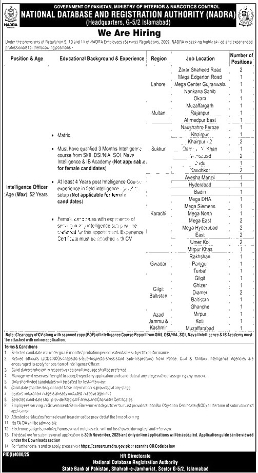 Nadra Intelligence Jobs 2025 — NADRA Intelligence Officer – | Apply Online 2026 — Official Newspaper Advertisement | SkillzDunya