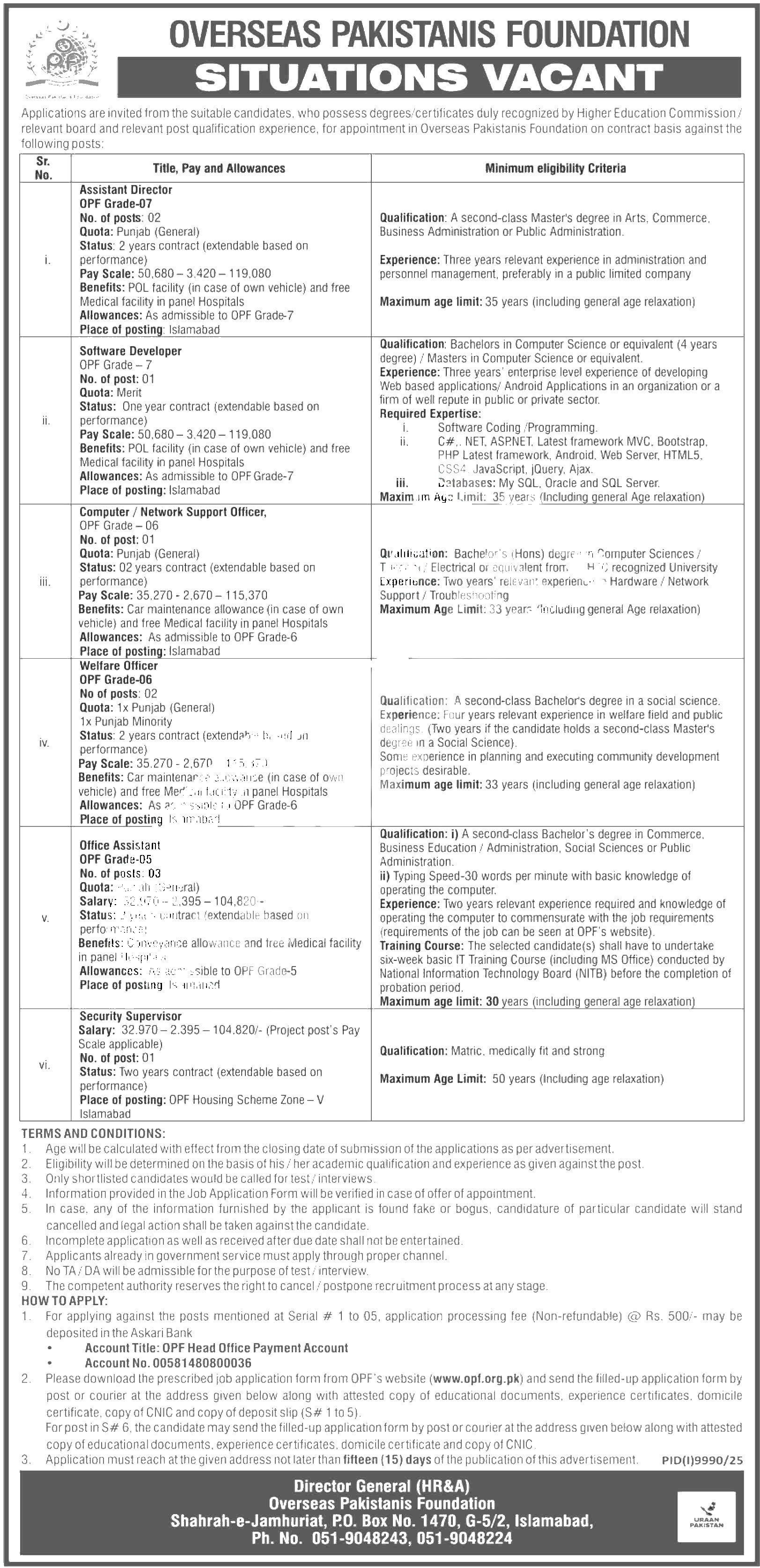 OPF — Overseas Pakistanis Foundation (OPF) Jobs 2026 — Office Assistant, Assistant Director, Welfare Officer Pakistan 2026