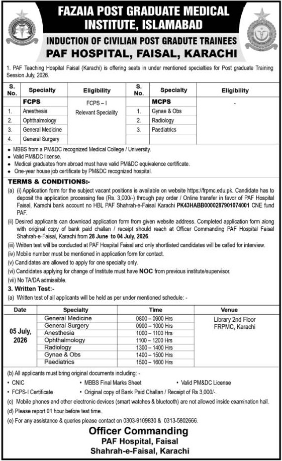 (PAF) Karachi Jobs 2026 — Anesthesia, Ophthalmology, General Medicine 2026 — Official Newspaper Advertisement | SkillzDunya