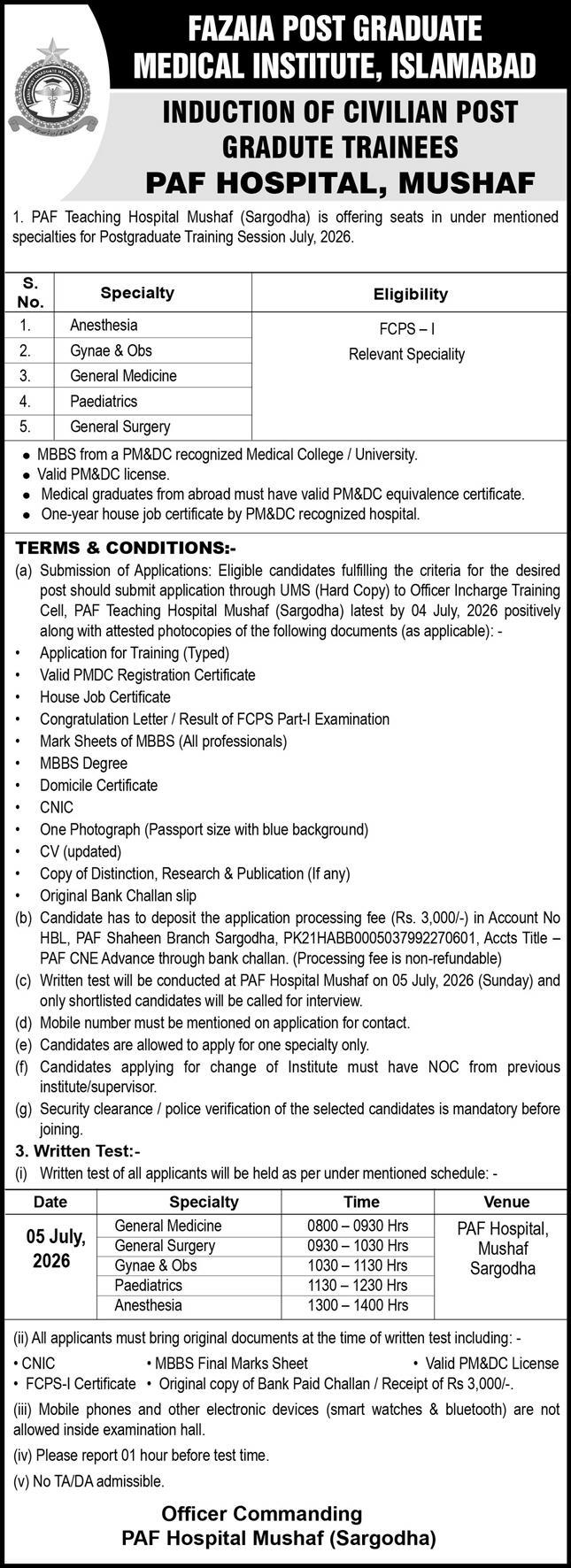 (PAF) Sargodha Jobs 2026 — Anesthesia, Gynaec & Obs, General Medicine 2026 — Official Newspaper Advertisement | SkillzDunya
