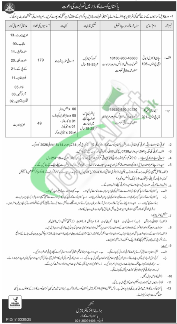 Pakistan Coast Guards (PCG) Jobs 2026 — Sub Inspector, Sub Inspector (Female) 2026 — Official Newspaper Advertisement | SkillzDunya