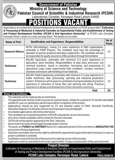 Pakistan Council of Scientific and Industrial Research (PCSIR) Jobs 2026 — Research Officers, Technician, BSc/BS Textile Engineering 2026 — Official Newspaper Advertisement | SkillzDunya
