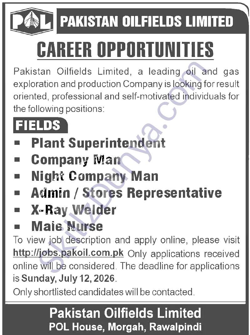 Pakistan Oilfields Limited (POL) Rawalpindi Jobs 2026 — Plant Superintendent, Company Man & 4 More Posts 2026 — Official Newspaper Advertisement | SkillzDunya