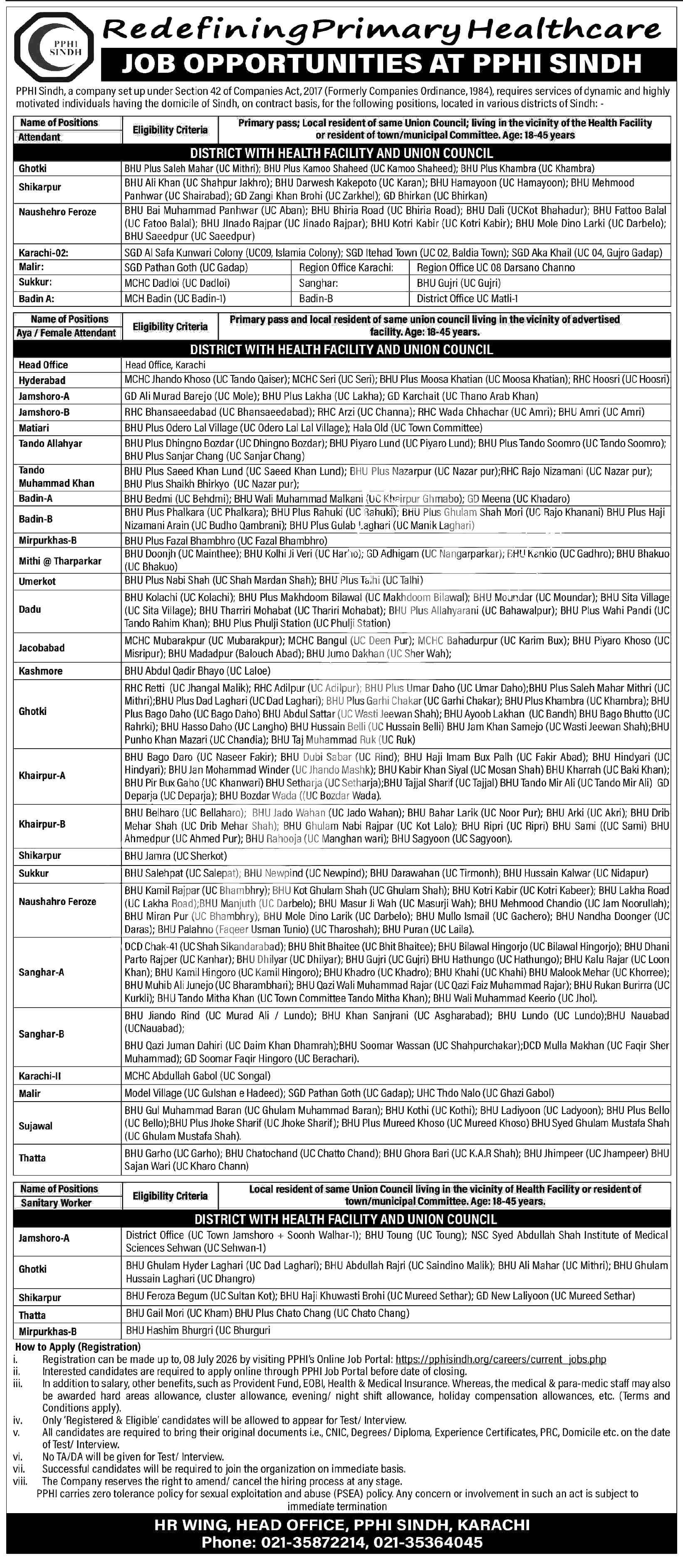 People’s Primary Healthcare Initiative (PPHI) Jobs 2026 — Attendant, Sanitary Worker, Aya / Female Attendant 2026 — Official Newspaper Advertisement | SkillzDunya