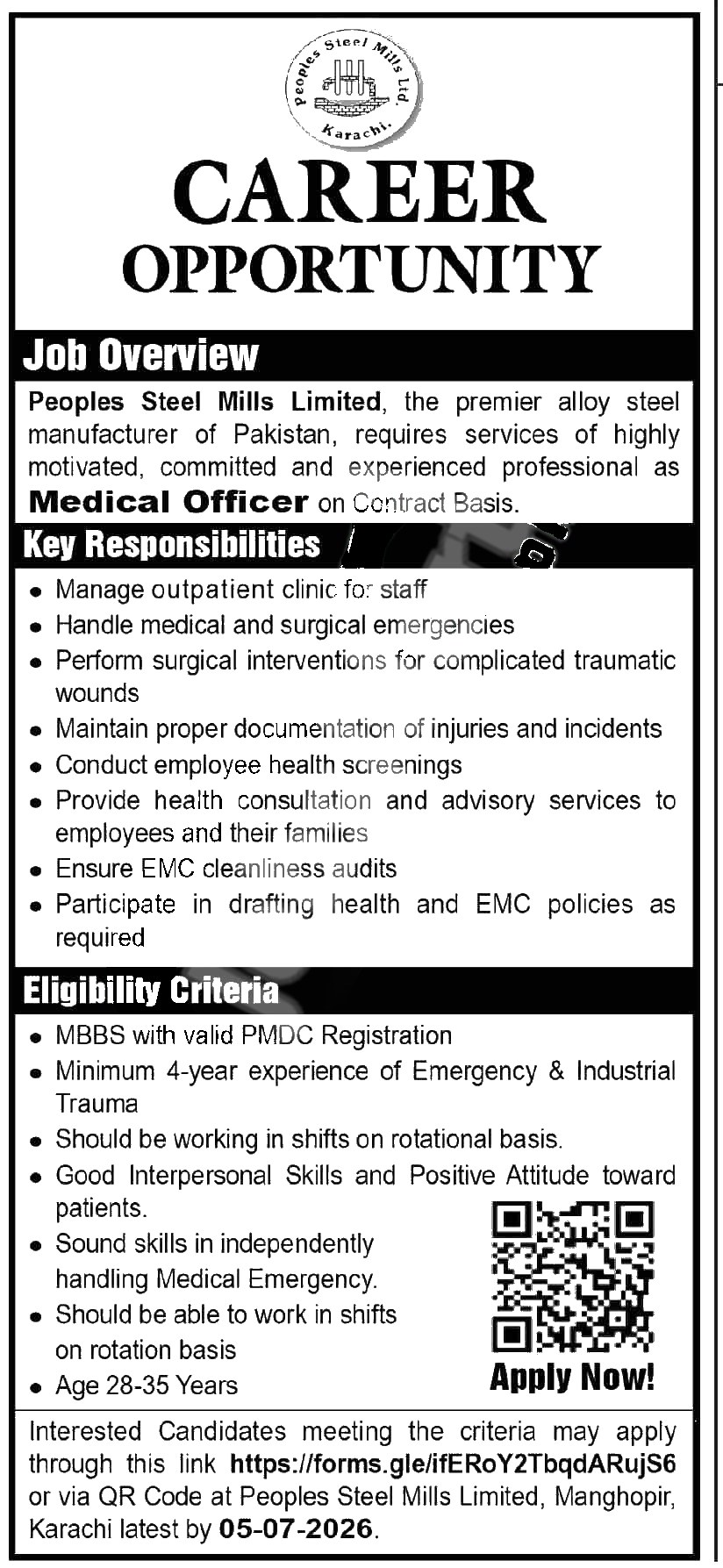 Official Department — Peoples Steel Mills PSM Jobs 2026 — Medical Officer (Contract) | Apply Online Pakistan 2026