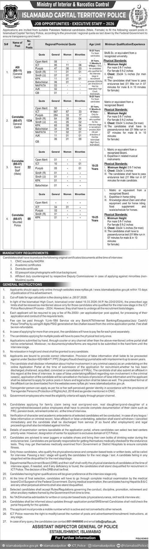 Police Department Jobs 2026 — Constable (BS-07), ASI (BS-11), Constable (BS-07) Band (Male) 2026 — Official Newspaper Advertisement | SkillzDunya