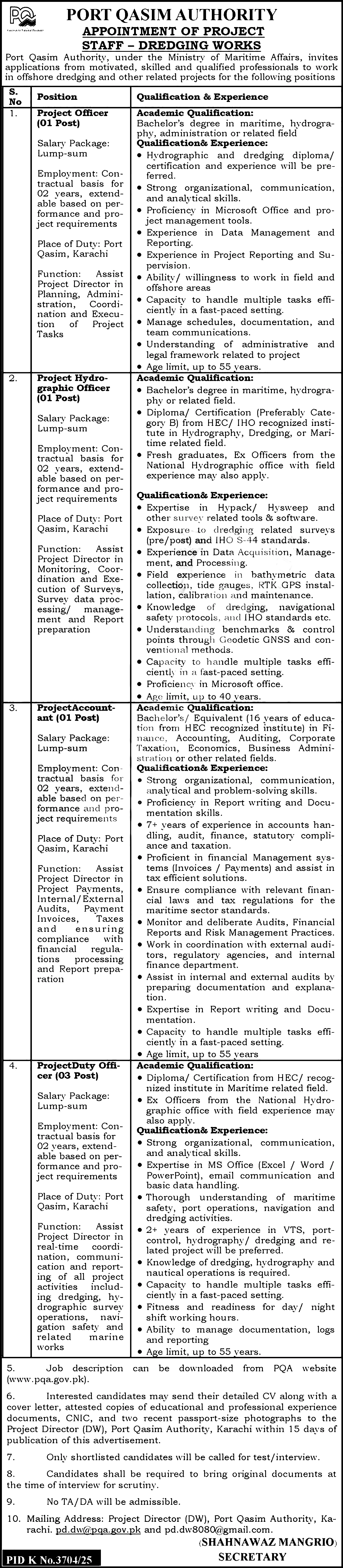 PQA — Port Qasim Authority PQA Project Officer Jobs 2026 Pakistan 2026
