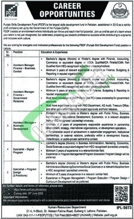 Official Department — PSDA Jobs 2026 - Punjab Skills Development Authority (5 Posts) Pakistan 2026