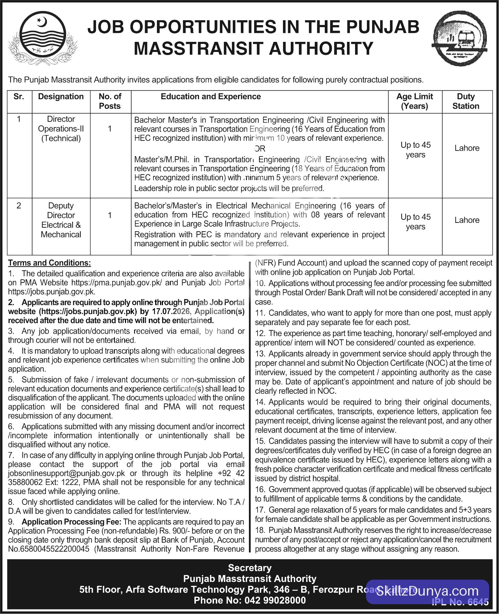 Punjab Masstransit Authority — Punjab Masstransit Authority Lahore Jobs 2026 — Director Operations-II (Technical), Deputy Director Electrical & Mechanical Pakistan 2026