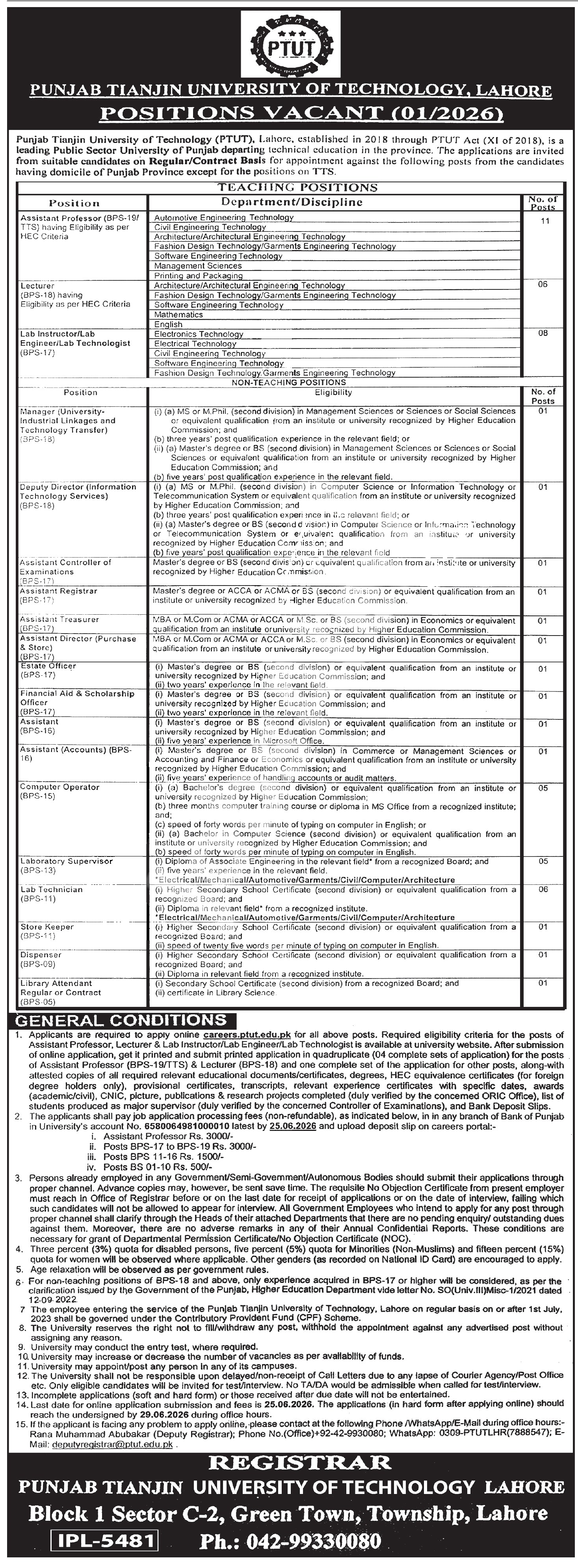 PTUT — Punjab Tianjin University of Technology (PTUT) Jobs 2026 Pakistan 2026
