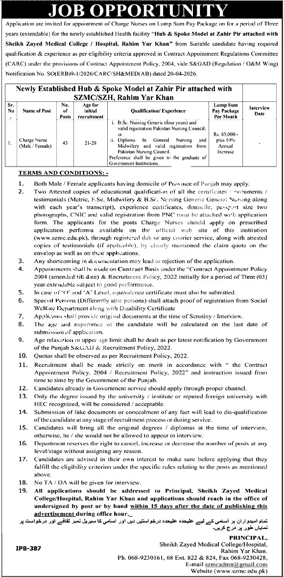 Official Department — Sheikh Zayed Medical College & Hospital Rahim Yar Khan Jobs 2026 Pakistan 2026