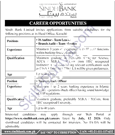 Sindh Bank Limited Karachi Jobs 2026 — IS Auditor - Team Leader, Branch Audit - Team Member, Treasury Back Officer 2026 — Official Newspaper Advertisement | SkillzDunya