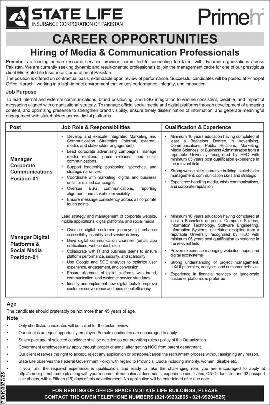 State Life Insurance (STATELIFE) Jobs 2026 — Manager Corporate Communications, Manager Digital Platforms & Social Media 2026 — Official Newspaper Advertisement | SkillzDunya