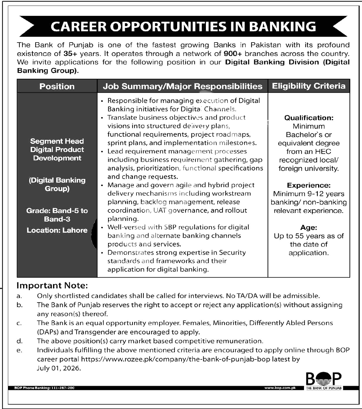 The Bank Of Punjab — Today Government Jobs BOP Jobs 2026 Pakistan 2026