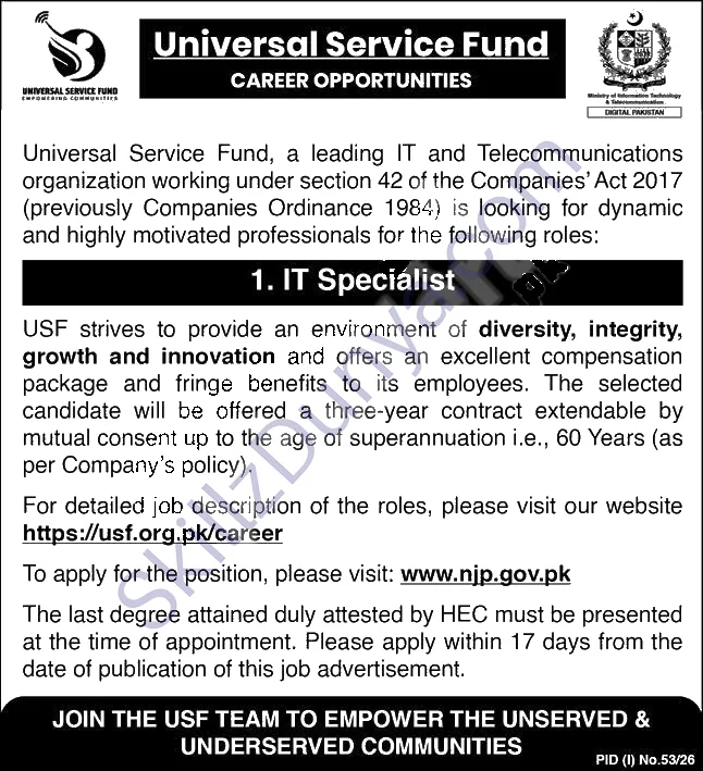Universal Service Fund Islamabad Jobs 2026 — IT Specialist 2026 — Official Newspaper Advertisement | SkillzDunya
