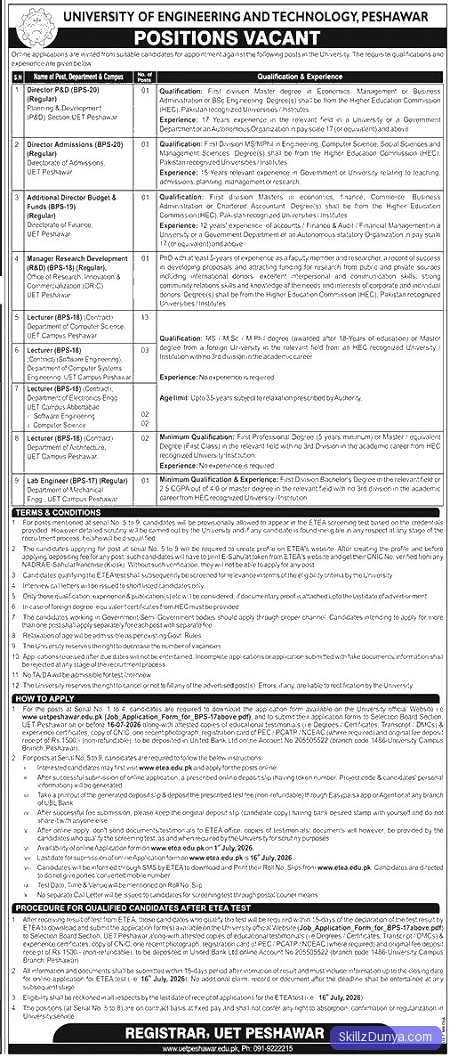 University of Engineering and Technology (UET) Jobs 2026 2026 — Official Newspaper Advertisement | SkillzDunya