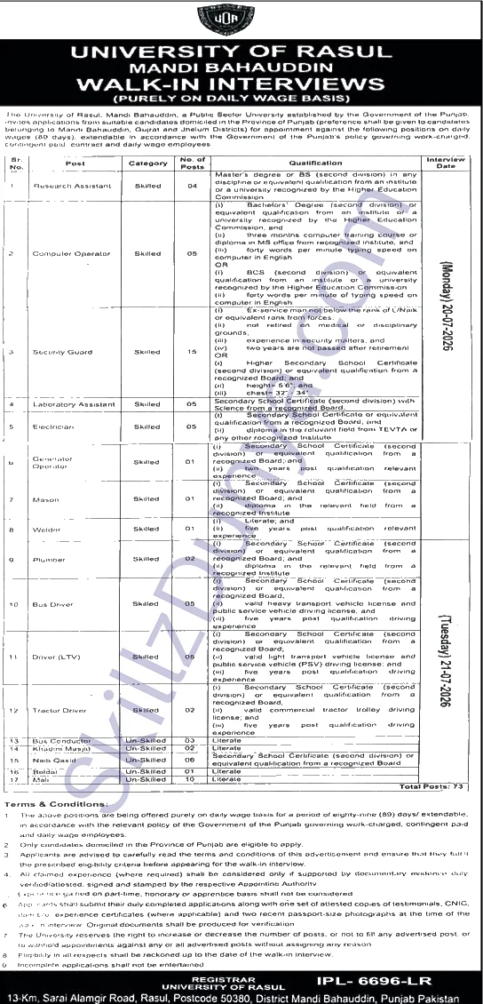 University Of Rasul Mandi Bahauddin — University of Rasul Jobs 2026 — Computer Operators, Research Assistants & 3 More Posts | Walk-in Interview Pakistan 2026