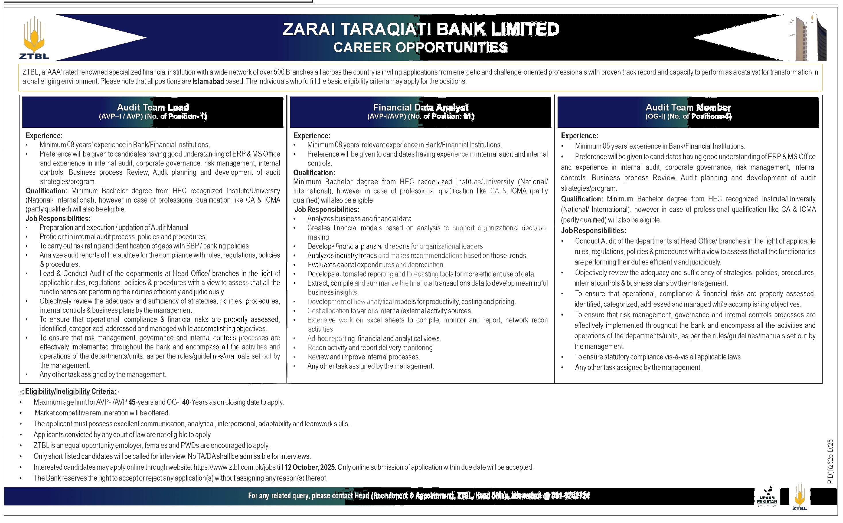 Zarai Taraqiati Bank Limited Jobs 2025 2026 — Official Newspaper Advertisement | SkillzDunya