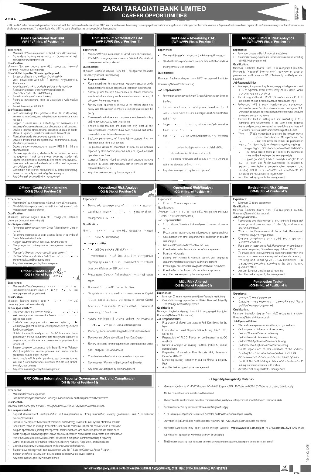 Sindh Microfinance Bank — Zarai Taraqiati Bank Limited (ZTBL) Jobs 2025 Pakistan 2026